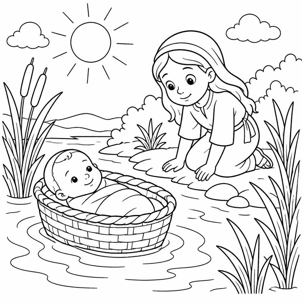 Desenho bíblico de bebê Moisés no cesto para colorir